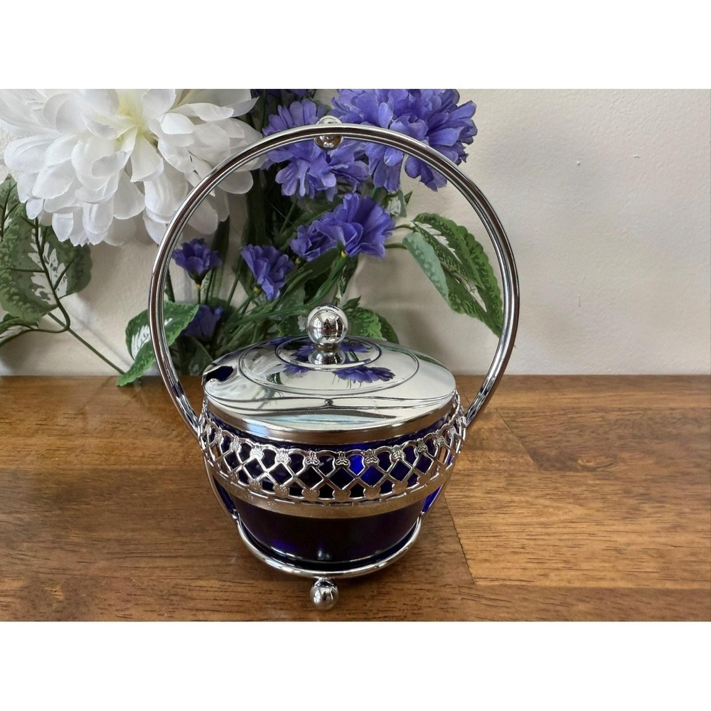 Vintage Cobalt Blue Glass Basket with Silver Plated Holder and‎ Lid